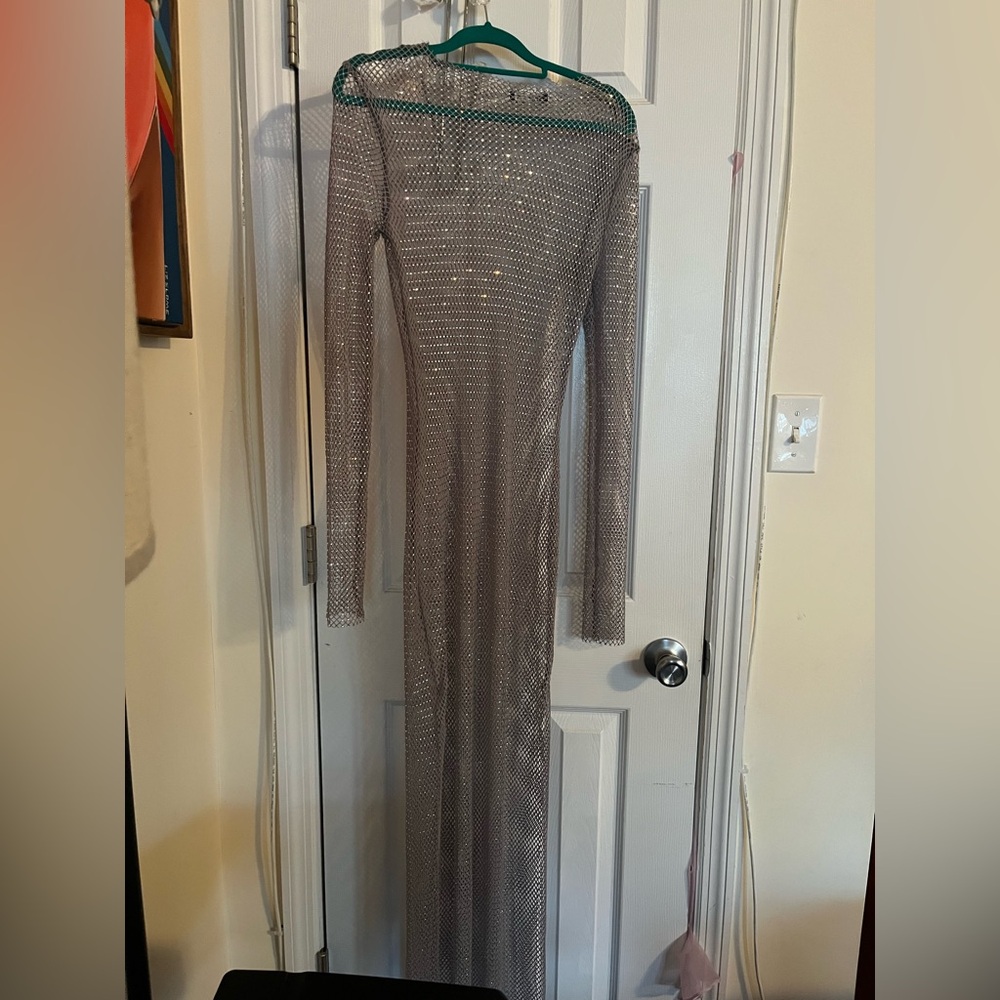 Shimmering Silver Mesh Dress with Side Slits - Picture 3 of 7